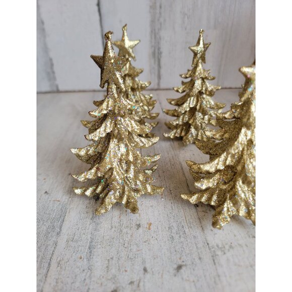 Gold pine tree figure glitter Xmas village forest set unique home decor - Picture 2 of 7